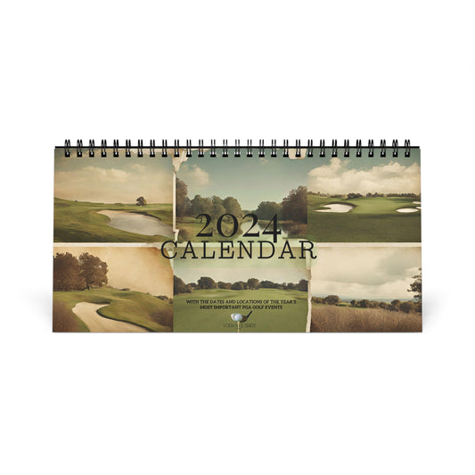 2024 desk calendar with monthly pga event highlights with location and course details