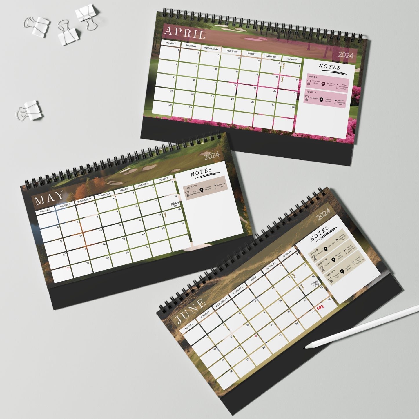 2024 desk calendar with monthly pga event highlights with location and course details