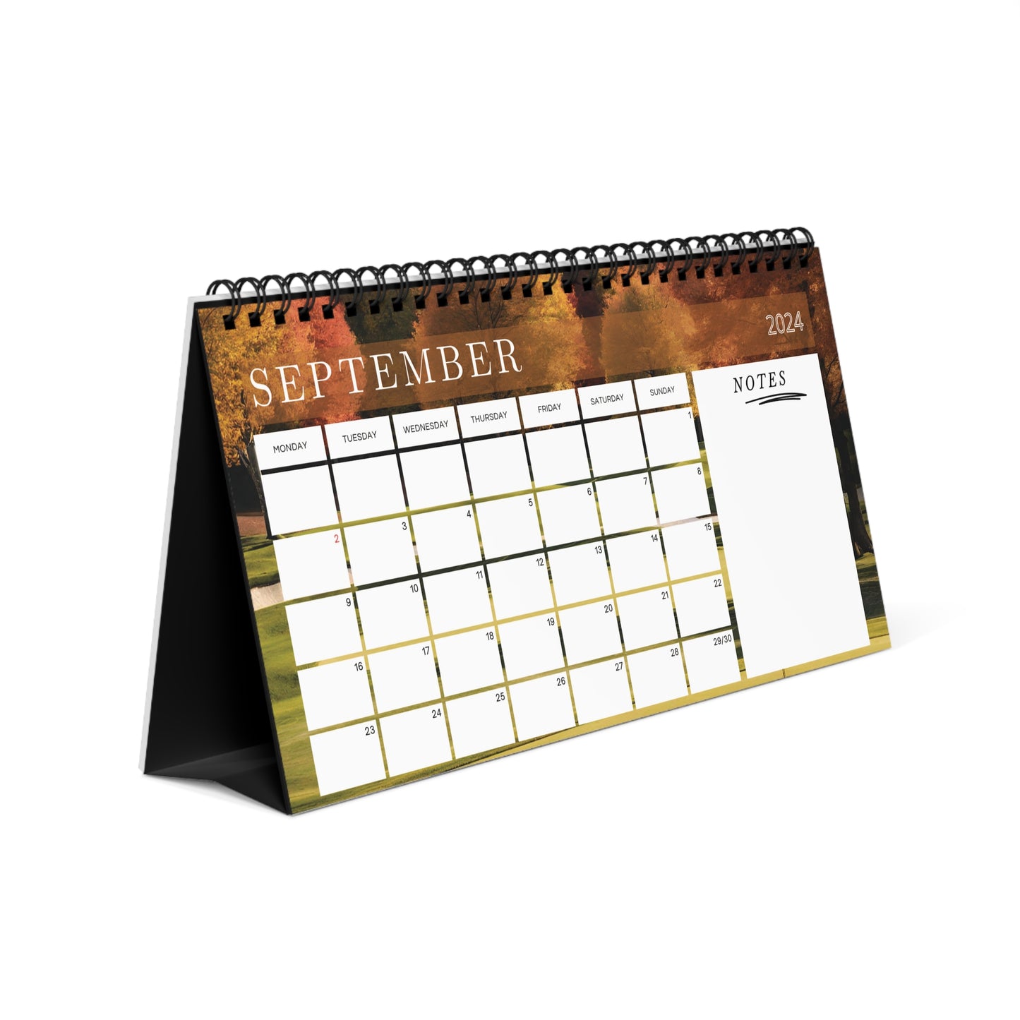 2024 desk calendar with monthly pga event highlights with location and course details