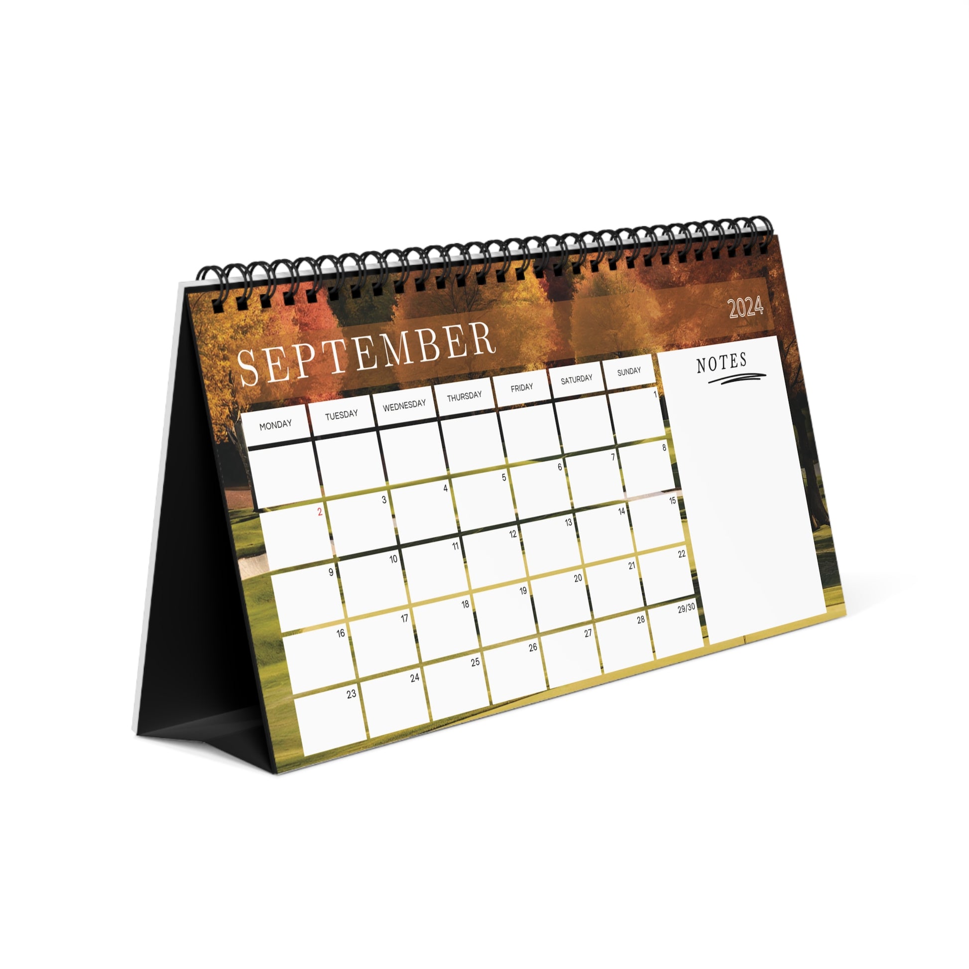 2024 desk calendar with monthly pga event highlights with location and course details